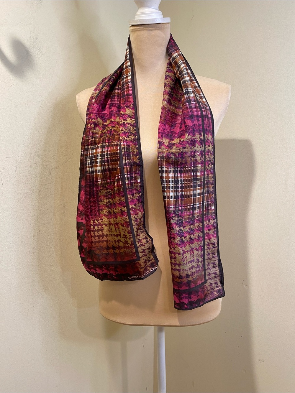 Adrienne Vittadini Pink and Brown Patterned Silk  Scarf
